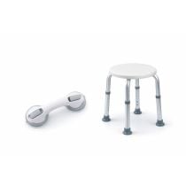 Kit Sicurezza Bagno: Sgabello Doccia Circolare Regolabile Ausilium + Maniglione di Sostegno a Ventosa 29 cm