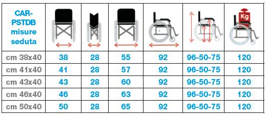 Scheda misure seduta carrozzina super transito doppia crociera braccioli elevabili