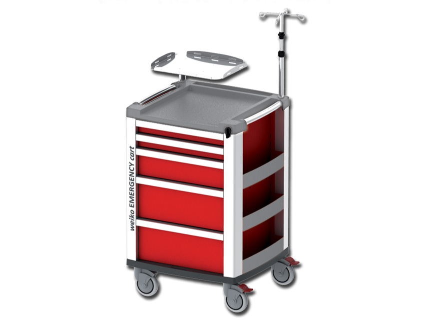 Gima Compact Carrello emergenza modulare con asta flebo 4 ganci ripiano defibrillatore rosso acciaio