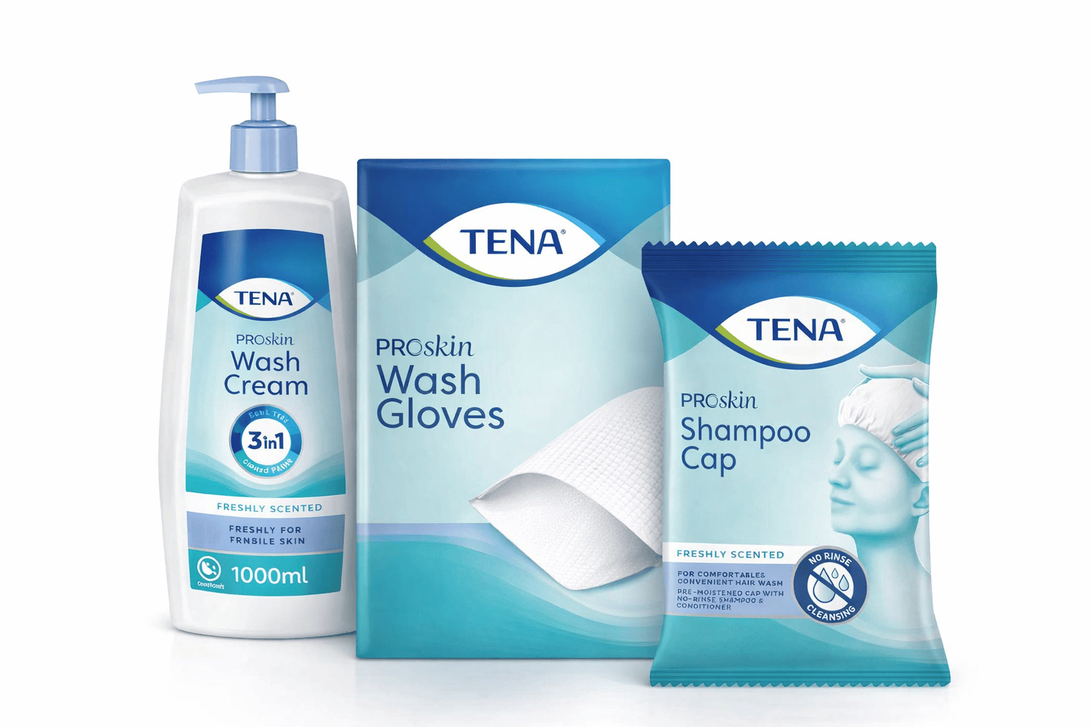 Kit Igiene a Letto: TENA Crema Detergente 3 in 1 + Manopole Monouso Morbide + Cuffia Shampoo Senza Risciacquo
