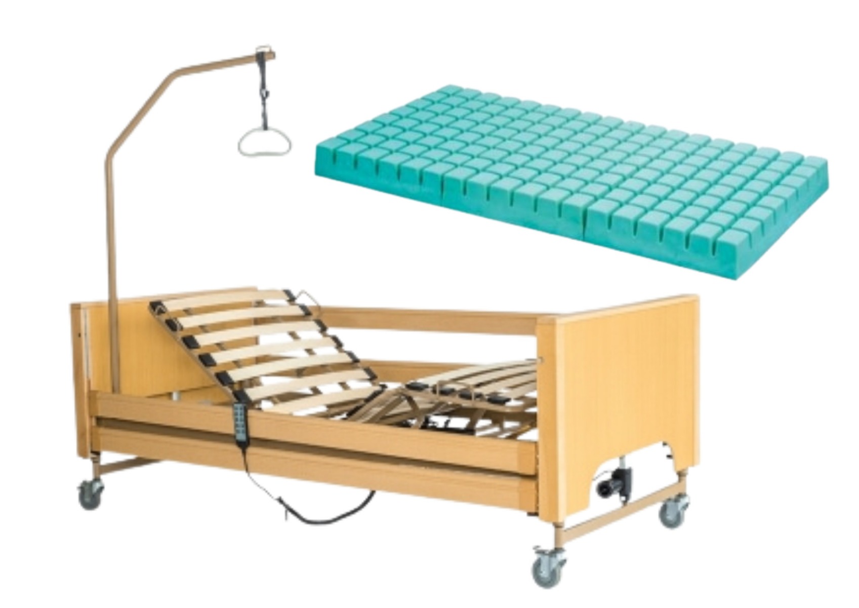 Kit Base Degenza: Intermed Letto Elettrico 3 Motori Altezza Variabile con Doghe in Legno e Sponde + Materasso Antidecubito Ventilato