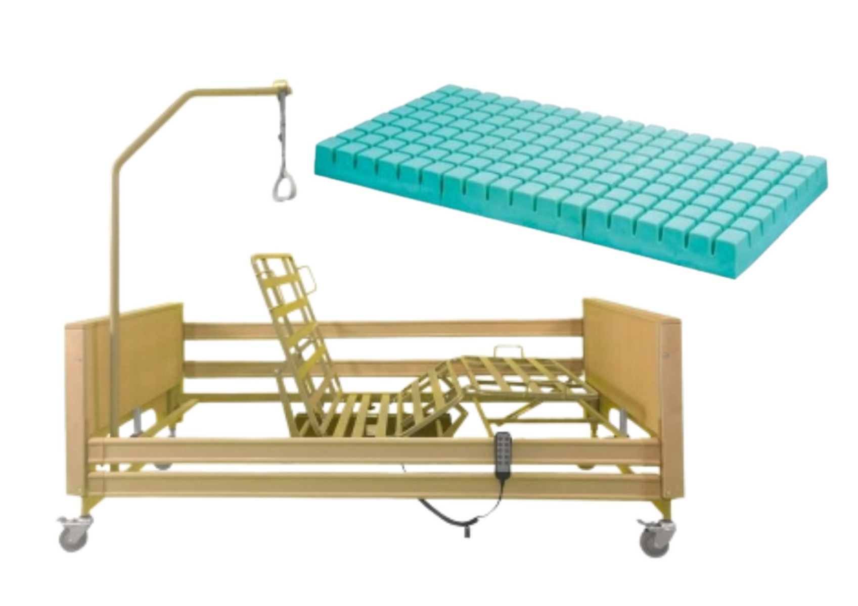 Kit Base Degenza: Intermed Letto Elettrico 3 Motori Altezza Variabile Doghe Metallo e Sponde + Materasso Antidecubito Ventilato