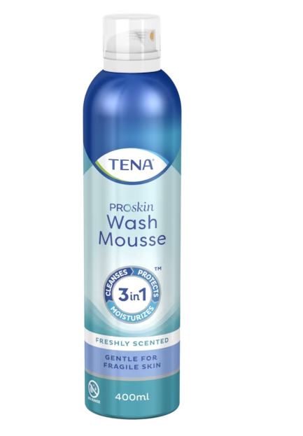 Schiuma di Lavaggio per la Detersione e l'Idratazione di Pelli Delicate - TENA Wash Mousse - Cartone da 15 pezzi