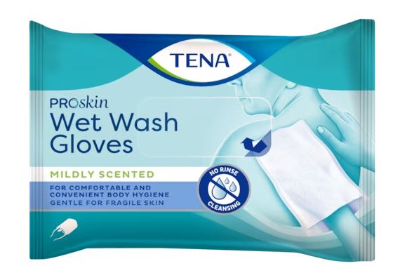 Manopole Pre Imbevute per Detersione Corpo - TENA Wet Wash Glove - Cartone da 30 confezioni